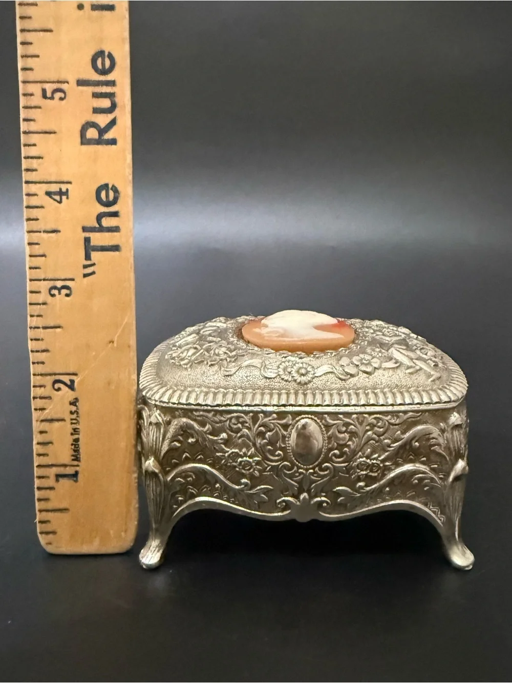 Vintage Victorian Revival Cameo Silver-plated Ornate Footed Trinket Jewelry Box